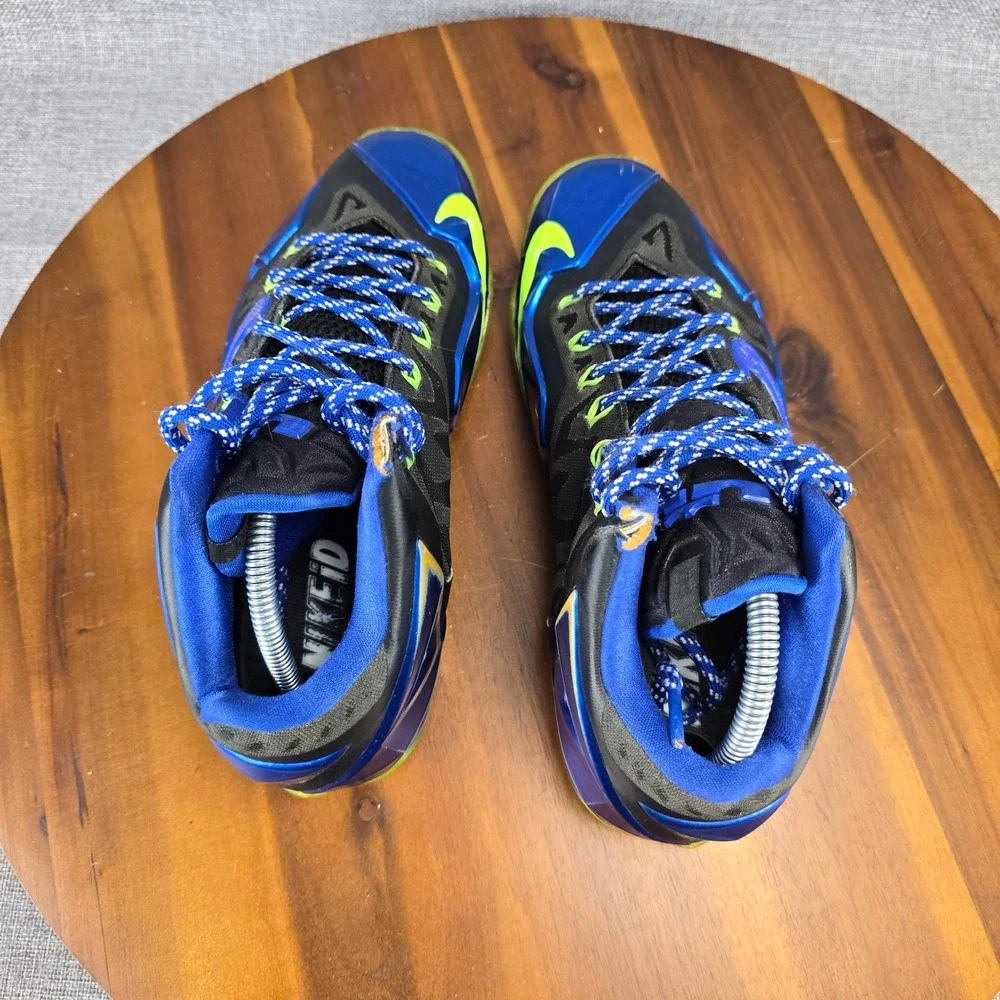 Nike LeBron 11 iD Custom Mens 9.5 Black Blue Volt Basketball Shoes 641216-991